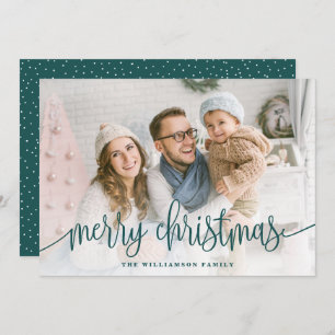 Elegant Script Full Photo Merry Christmas Teal Holiday Card