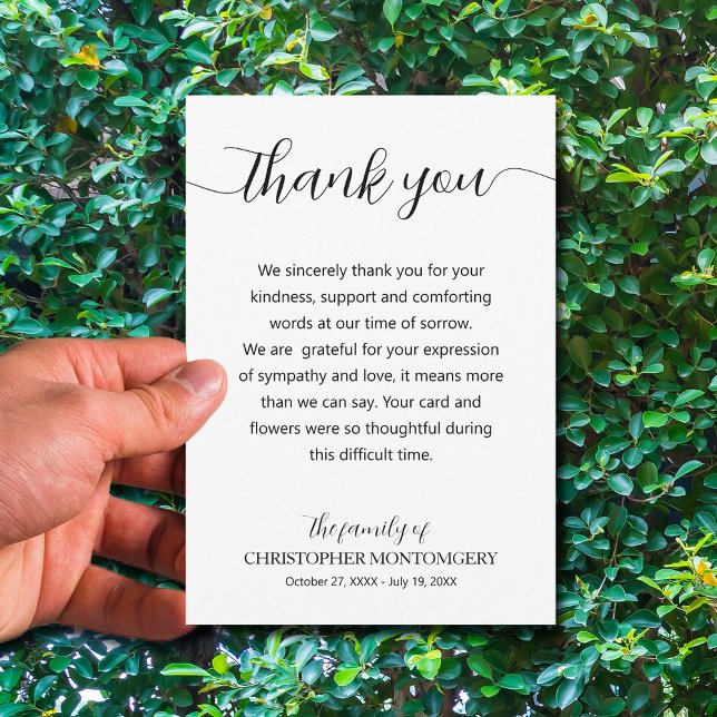 Elegant Script Funeral Thank You Card (Simple funeral thank you cards are 3.5" x 5" or choose a different size)