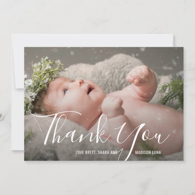 Elegant Script Gender Neutral Photo Baby Shower Thank You Card (Front)