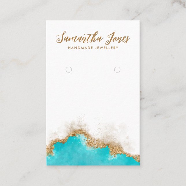 Elegant Script Geode Teal Gold Earrings Display  Business Card (Front)