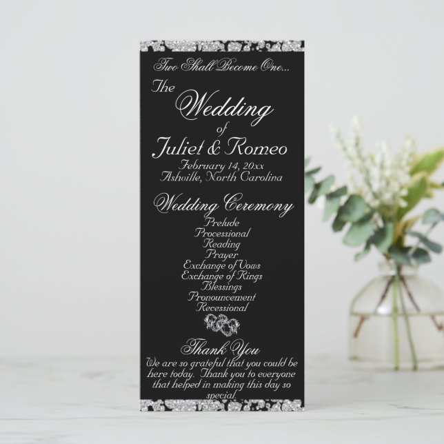 Elegant Script & Glitter - Black Wedding Program (Standing Front)