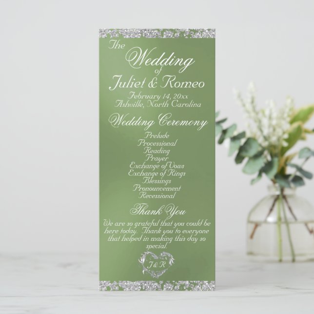 Elegant Script & Glitter - Sage Wedding Program (Standing Front)