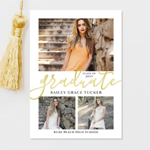 Elegant Script Gold 3-Photo Collage Graduation Announcement