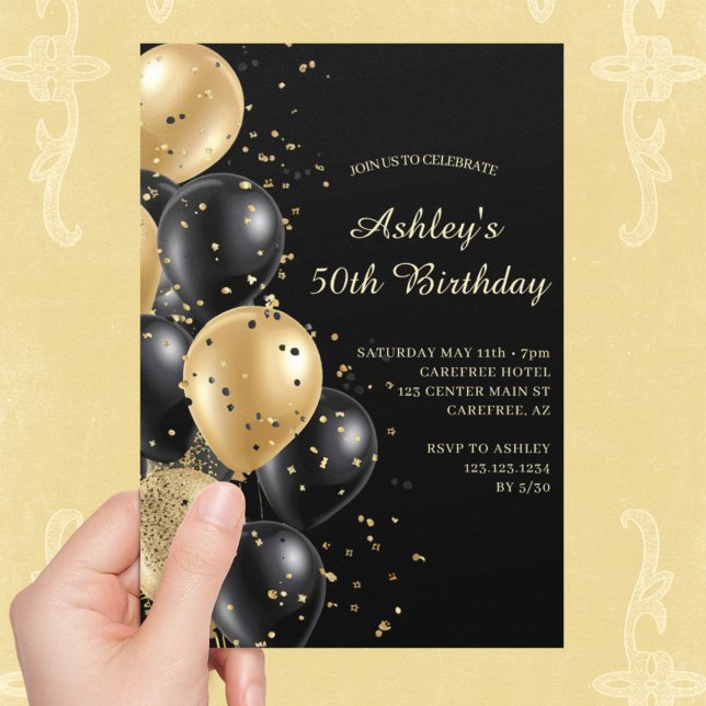 Elegant Script Gold and Black 50th Birthday Invitation (Creator Uploaded)