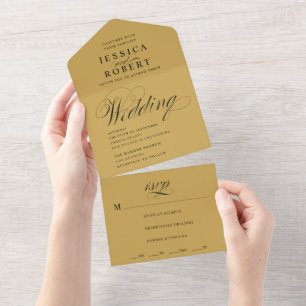 Elegant Script Gold and Black Calligraphy Wedding All In One Invitation
