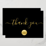 Elegant Script Gold Black Business logo website Foil Holiday Card<br><div class="desc">Make a stylish statement of gratitude with the Elegant Script Real Gold Foil Black Customisable Business Logo Website Message Template Thank You Flat Card. This elegant and sophisticated card is the perfect way to express appreciation to clients, partners, and customers. TIP: You can also edit the large "Thank you" on...</div>