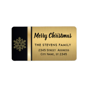 Elegant script gold / black Christmas snowflake Label