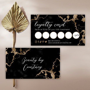 Elegant Script Gold & Black Marble Beauty Salon Loyalty Card