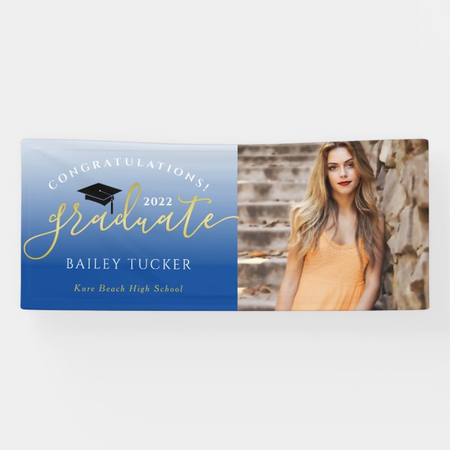 Elegant Script Gold Blue Graduation Announcement Banner (Horizontal)