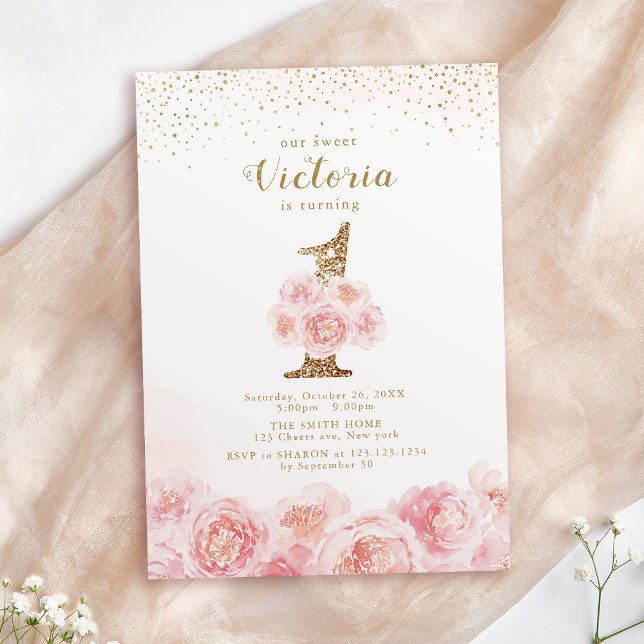 Elegant script gold & blush floral 1st birthday invitation (Elegant script gold & blush floral 1st birthday invitation)