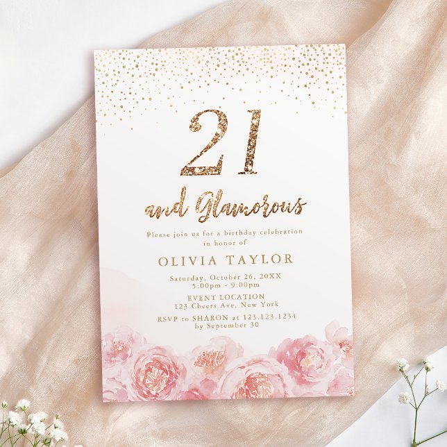 Elegant script gold & blush floral 21st birthday invitation (Elegant script gold & blush floral 21st birthday invitation)