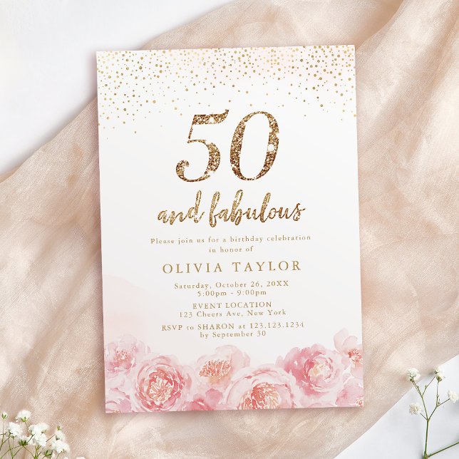 Elegant script gold & blush floral 50th birthday invitation (Elegant script gold & blush floral 50th birthday invitation)