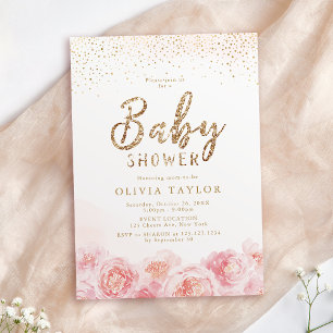 Elegant script gold & blush floral baby shower invitation