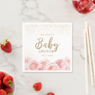 Elegant script gold & blush floral baby shower napkin
