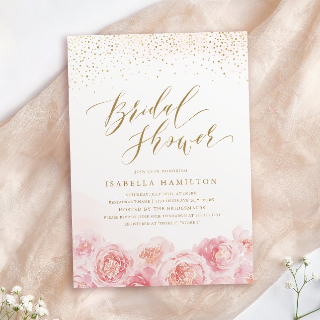 Elegant script gold & blush floral bridal shower invitation (Elegant script gold & blush floral bridal shower invitation)