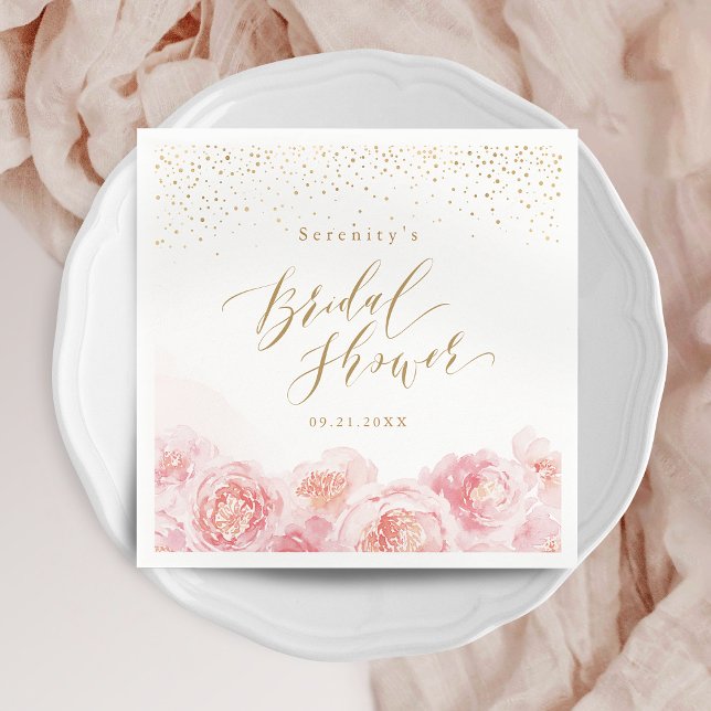 Elegant script gold & blush floral bridal shower napkin (Elegant script gold & blush floral bridal shower napkins)