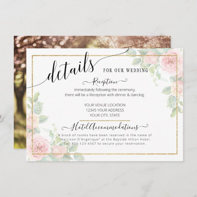 Elegant Script Gold Blush Floral Wedding Details Enclosure Card (Front/Back)