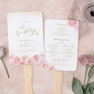 Elegant script gold & blush floral wedding program hand fan
