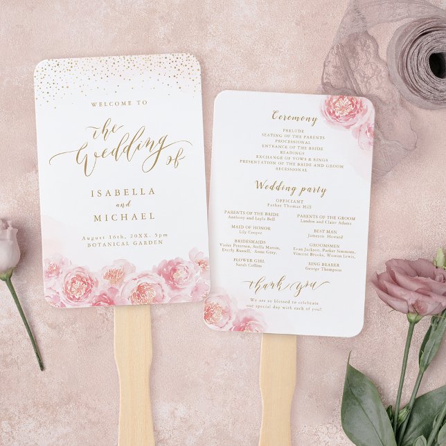 Elegant script gold & blush floral wedding program hand fan (Elegant script gold & blush floral wedding program hand fan)