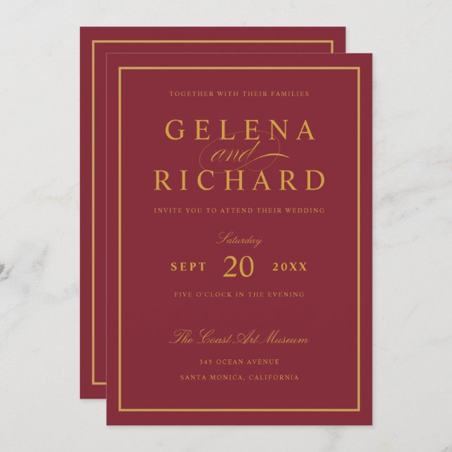 Elegant Script Gold Border Burgundy Wedding Invitation (Front/Back)