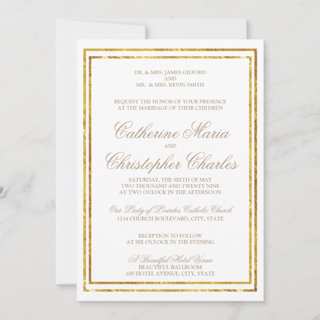 Elegant Script Gold Border Wedding Invite (Front)