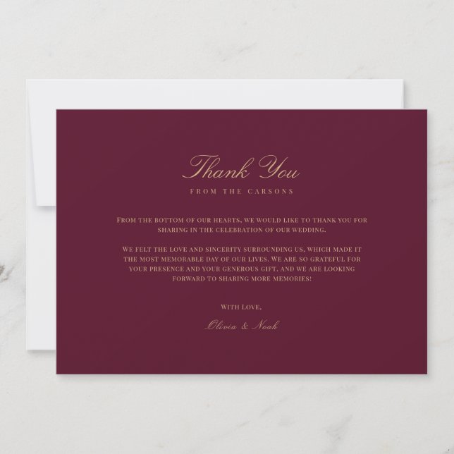 Elegant Script Gold & Burgundy Thank you Card (Front)
