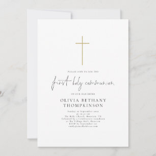 Elegant Script Gold Cross First Holy Communion Invitation