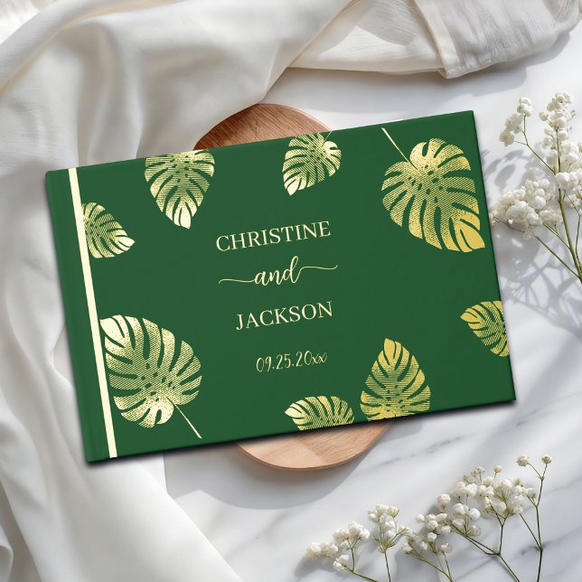 Elegant Script Gold Exotic Leaves Wedding Guest Book (Creator Uploaded)