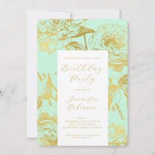 Elegant Script Gold Floral Birthday Party Mint Invitation