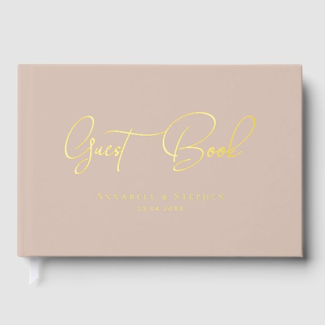 Elegant, Script Gold-Foil-Font Wedding Guest Book (Front)