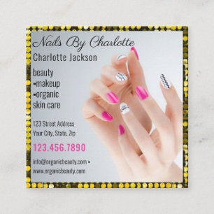 Elegant Script Gold Glitter Photo Collage Nail Art Square Business Card