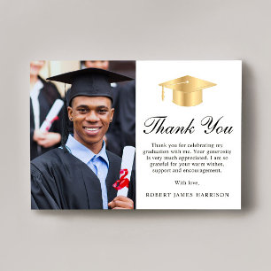 Elegant Script Gold Grad Cap Photo Graduation Thank You Card