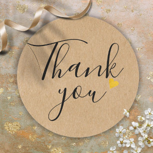 Elegant Script Gold Heart Rustic Kraft Thank You Classic Round Sticker