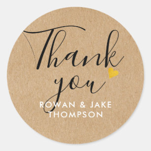 Elegant Script Gold Heart Rustic Kraft Thank You Classic Round Sticker