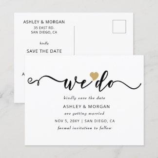 Elegant Script Gold Heart We Do Save the Date Announcement Postcard