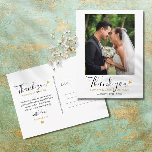 Elegant Script Gold Heart Wedding Photo Thank You Postcard