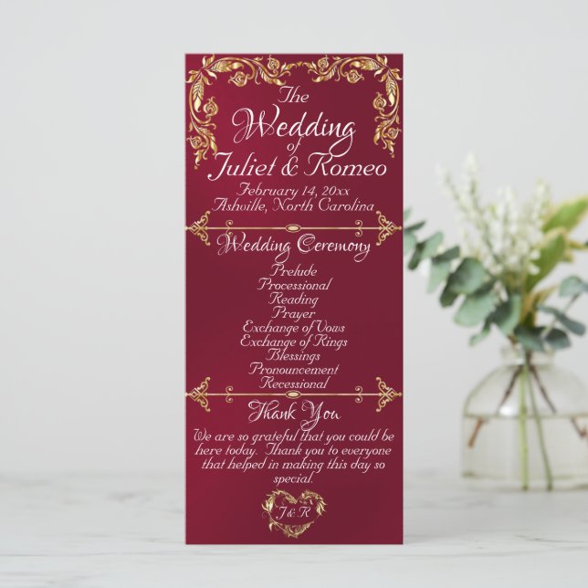 Elegant Script & Gold Leaves - Burgundy Wedding Program (Standing Front)