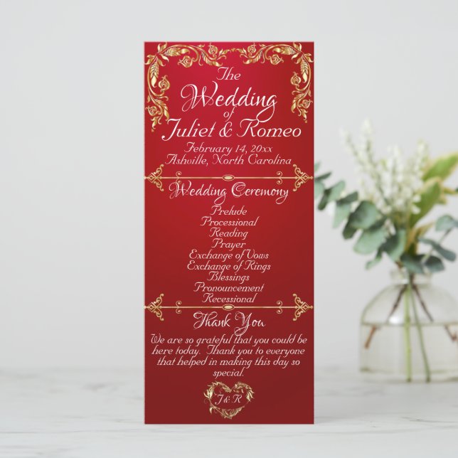 Elegant Script & Gold Leaves - Crimson Wedding Program (Standing Front)