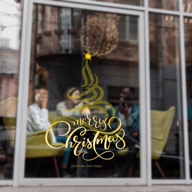Elegant Script Gold Merry Christmas Tree Business (Elegant Script Gold Merry Christmas Tree Business Storefront Window Cling)