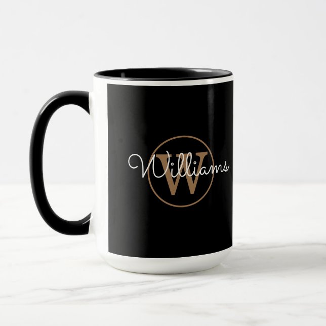 Elegant Script Gold Monogram Black Mug (Left)