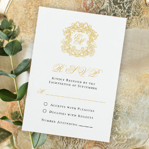 Elegant Script Gold Monogram Crest Wedding RSVP Card