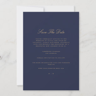 Elegant Script Gold & Navy Save The Date Card