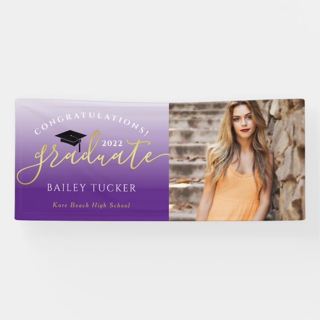 Elegant Script Gold Purple Graduation Announcement Banner (Horizontal)