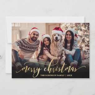 Elegant Script Gold Script Black 2 Photo Christmas Holiday Card