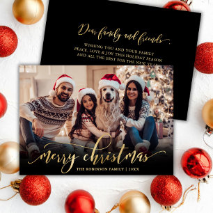 Elegant Script Gold Script Black Photo Christmas Holiday Card