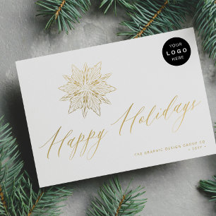 Elegant script gold snowflake LOGO business Holiday Card