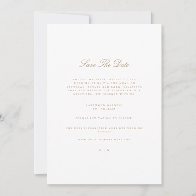 Elegant Script Gold & White Save The Date Card (Front)