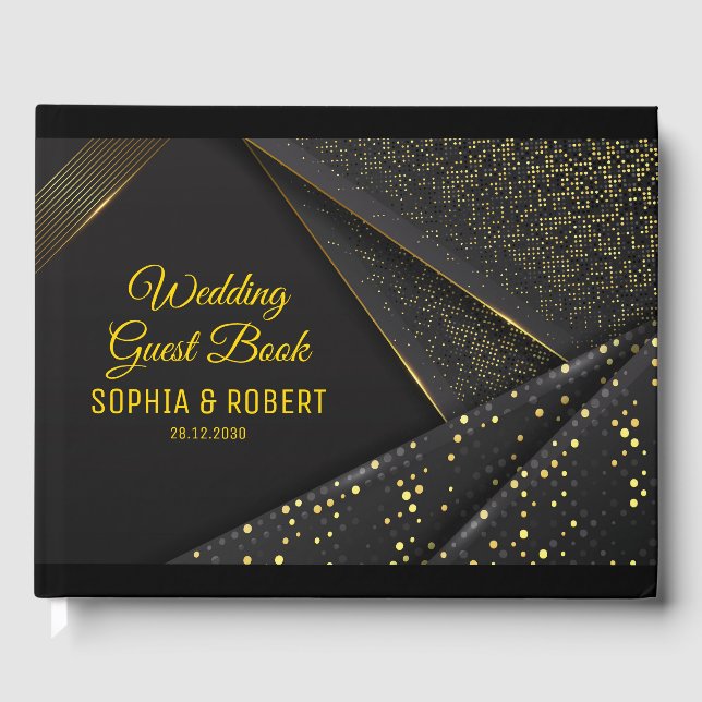 Elegant Script Golden Floral Luxury Black Wedding Guest Book (Front)