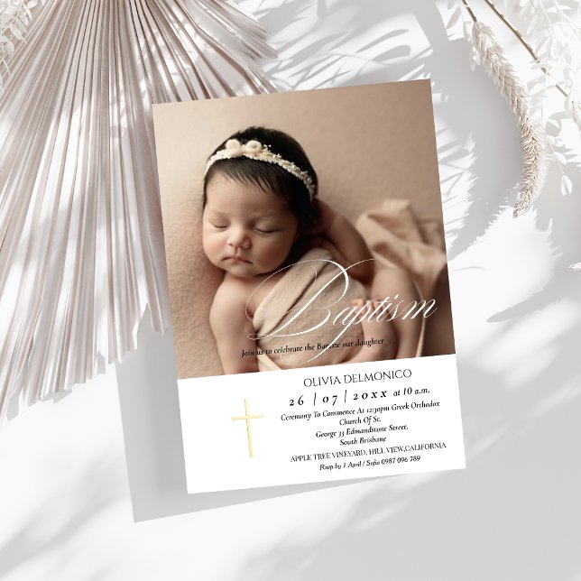 Elegant Script Golden Overlay Cross Photo Baptism  Invitation (Creator Uploaded)