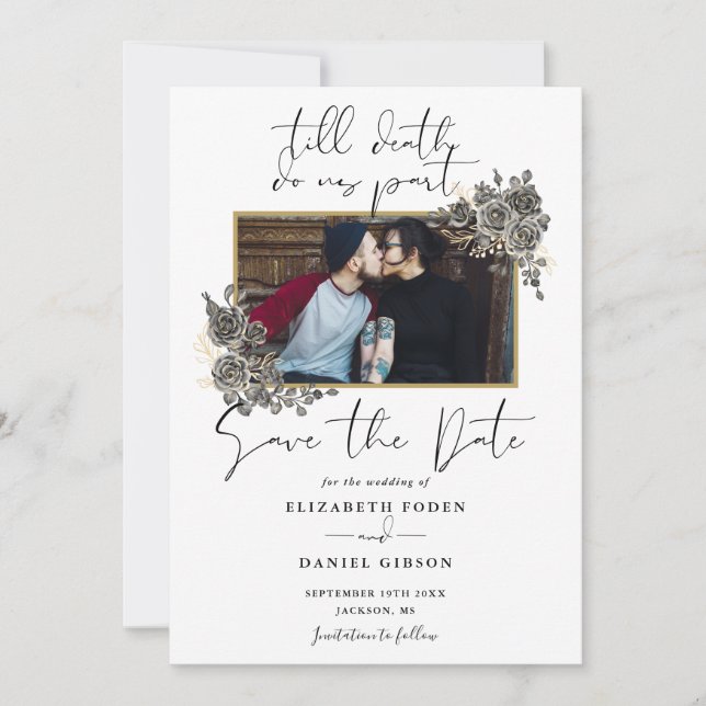Elegant Script Gothic Floral Photo Wedding Save The Date (Front)